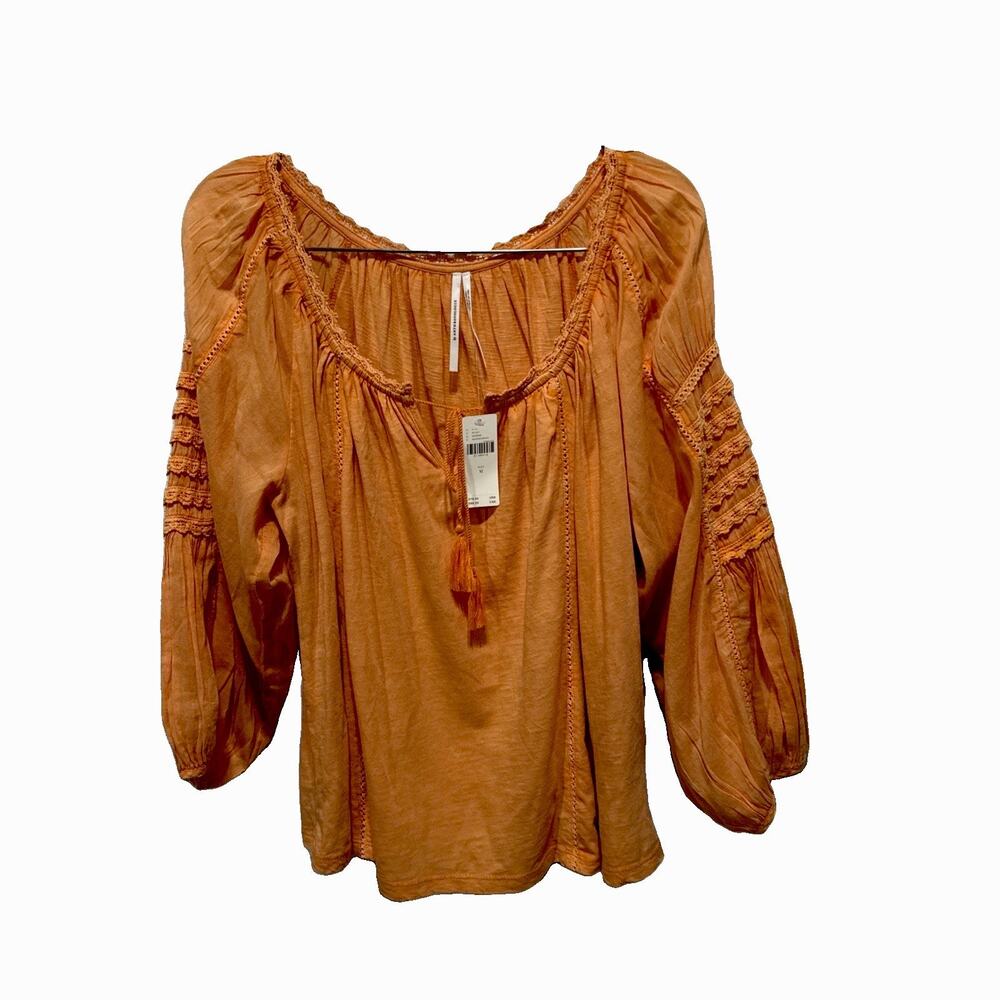 Anthropologie Peasant Blouse Crochet Trim Long Sleeve Boho Mango Top M